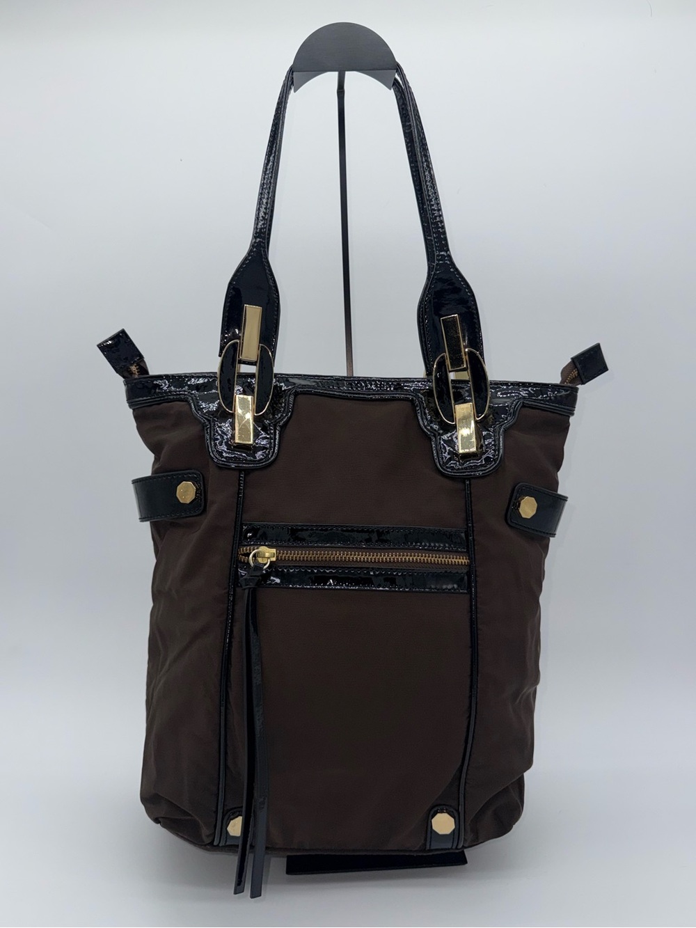 Treesje Summit Tote Brown Nylon Black Patent Leather Gold Hardware